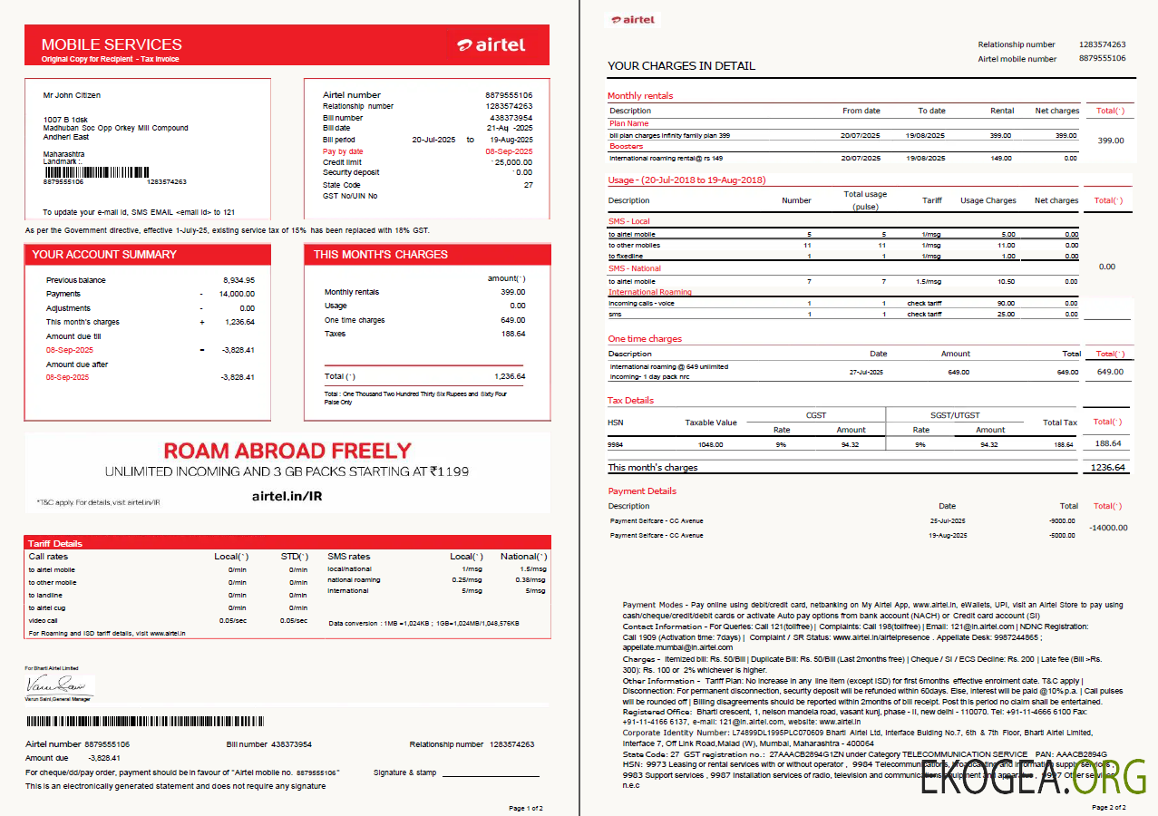 India Airtel utility bill template in word and pdf formats, 2 pages template